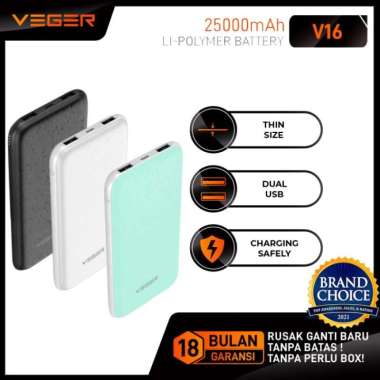 Power Bank Veger V16 25000mah Dual USB Original Garansi 1 Tahun Biru Muda