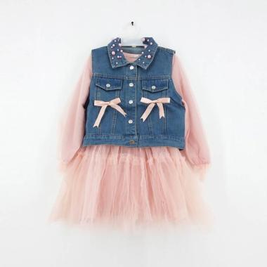 GBS Girl Jeans Vest Ribbon Tutu Set Dress Anak Perempuan 5 tahun Pink