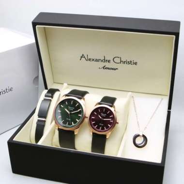 Jam Tangan Wanita Alexander Christie Original/Jam Tangan Alexandre Christie Wanita/Jam Alexandre Christie Wanita Original/AC8664 Rosegold Black Dial Green Maroon Box Set