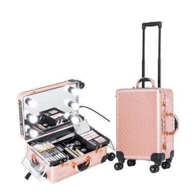 Sonia Miller Rolling Cabin Size Diamond Rose Gold Beauty Makeup Case With 6 TriColor Led Light Bulbs