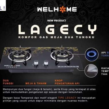 Welhome Kompor Gas Kaca Tanam 2Tungku Black Edition - minimalis