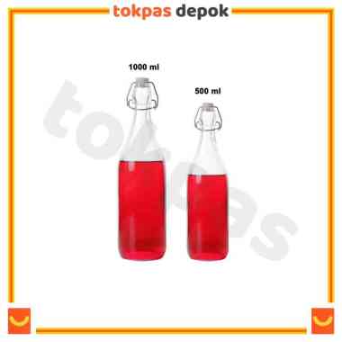 Botol Kaca Bening Korken Tempat Air Minum Susu Dengan Tutup Kait Anti Tumpah Dengan Sticker 500 ml +