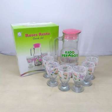 teko drink set roses resto - teko kaca 1set - teko dan gelas satu set