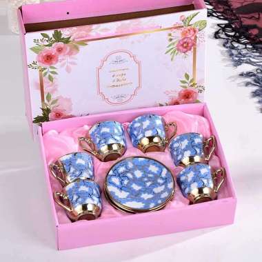 Cangkir Teh Keramik Mewah Set Isi 6 Pcs - Gelas Cangkir Minuman dengan Tatakan Elegan Jadul Unik Kec