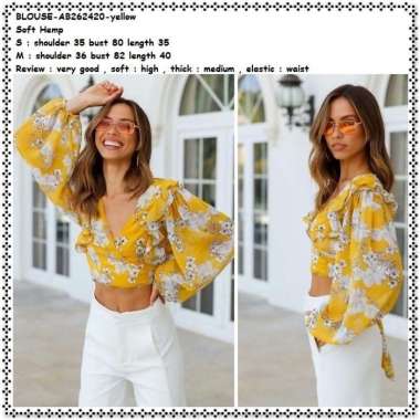 AB262420 Baju Atasan Bunga Crop Top Blouse Wanita Korea Import Yellow