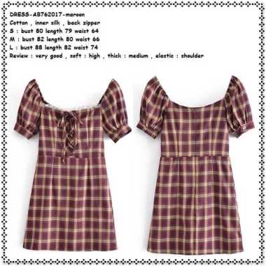 AB762017 Casual Mini Dress Kotak Wanita Korea Import Merah Red Maroon