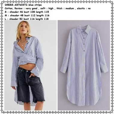 AB763372 Mini Midi Dress Kemeja Lengan Panjang Biru Garis Wanita Tunik