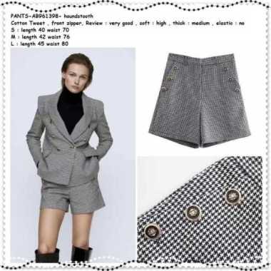 AB961398 Celana Pendek Kotak Katun Houndstooth Wanita Korea Import