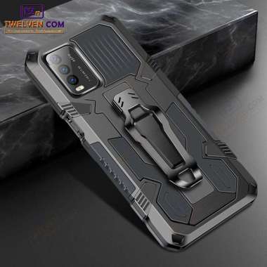 Case Shockproof Vivo Y20 Armor Hardcase Stand Clip Warna Hitam