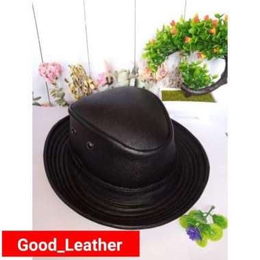 Topi Fedora Pria Topi Tompi Kulit Sapi Asli Laken Hitam