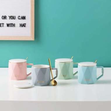 Gelas Minum Keramik Diamond Cup Coffee Sendok Tea Mug Teh Gelas Kopi BIRU