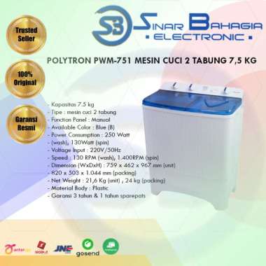 POLYTRON PWM-751 MESIN CUCI 2 TABUNG 7,5 KG (NEW) (KHUSUS BANDUNG)