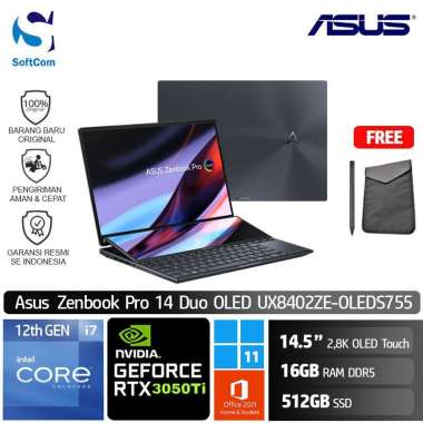 Asus Zenbook Pro 14 Duo UX8402ZE OLEDS755 Notebook [Core i7-12700H/16GB/512GB SSD/RTX3050Ti 4GB/14.5″ 2.8k Touch/Win 11 Home+OHS ] Tech Black