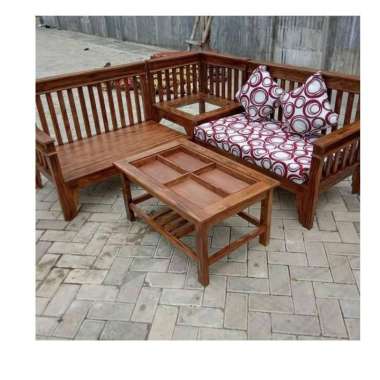 Sofa L Sudut Kayu Minimalis Full Kayu + Meja / Jok Sofa Bisa Dilepas (