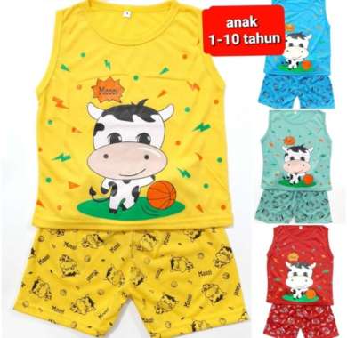 setelan singlet 1- 10 tahun kaos anak laki laki celana pendek pakaian cowok baju tidur sapi bola 6-8