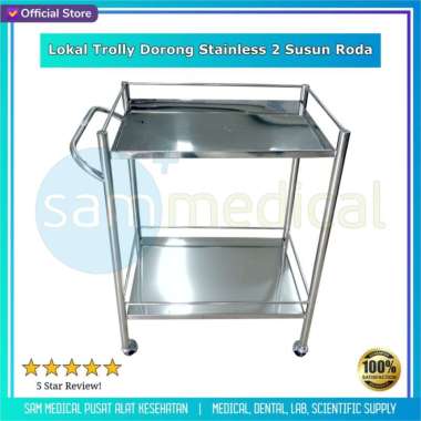 Lokal Trolly Dorong / Meja Instrumen Stainless 2 Susun Roda tanpa rem