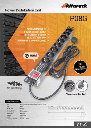 P08G - PDU Rackmount 1U 8 Outlet Germany Socket 19" KITARACK - BANDUNG