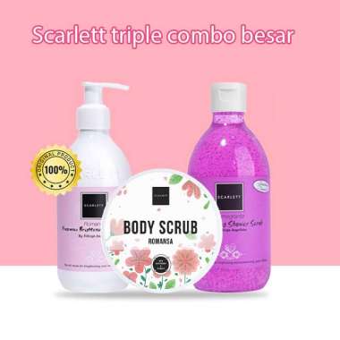 Paket 3 item Scarlett Whitening Shower Scrub, Body Lotion, Body Scrub varian romansa