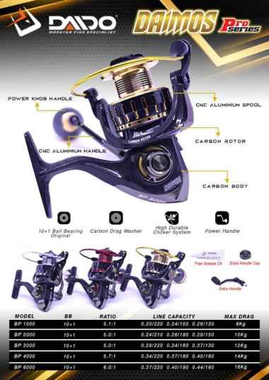 REEL DAIDO DAIMOS PRO SERIES 11 BEARING UKURAN 1000 SAMPAI 6000 POWER HANDLE BP-1000,GOLD