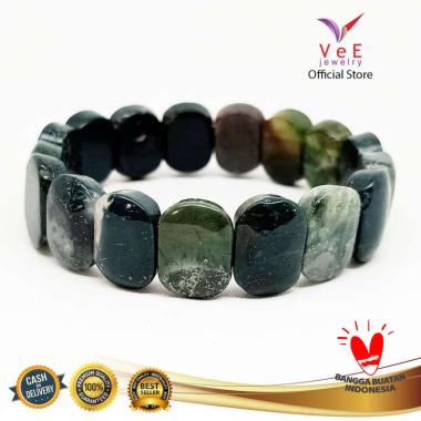 Vee Batu Giok Burma Oval Gelang Terapi Kesehatan Unisex Hijau Tua