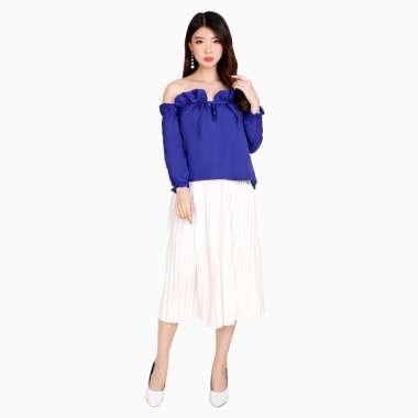 Blouse lengan Panjang wanita Gaya Korea model open shoulder - Jfashion Eunhee M-L Biru