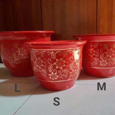 Pot Keramik Import Besar Merah Bunga Emas - M Arrsyistore Multicolor