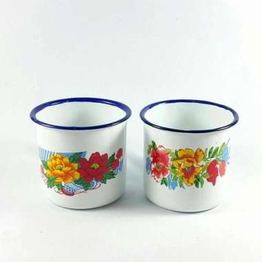 Cangkir Mug Enamel Seng Jadul Putih Kembang 7 cm (12 pcs)