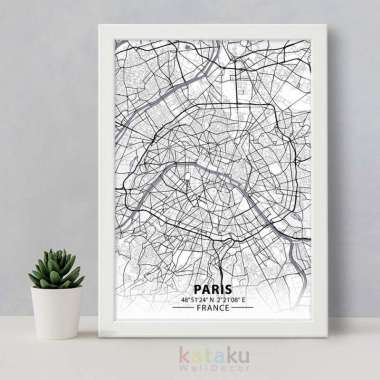 Paris City Map Art Hiasan Dinding Minimalis Poster Peta Perancis A3 Frame Putih