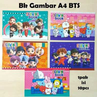 BUKU GAMBAR UKURAN A4 KARAKTER KARTUN BTS / BT21. KERTAS TEBAL DAN MURAH isi 5 buku