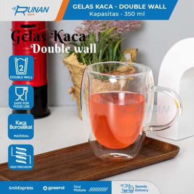 Gelas Kaca Double Wall 350ml Gelas Kopi Teh Dengan Handle Anti Panas