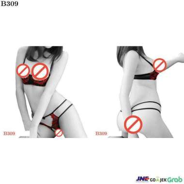 B309 - Bikini Bra Set Hitam Transparan Bordir Bunga Merah Bra Kawat