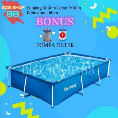 PAKET HEMAT KOLAM RENANG PORTABLE FRAME POOL BESTWAY 3 meter BONUS POMPA FILTER ORIGINAL