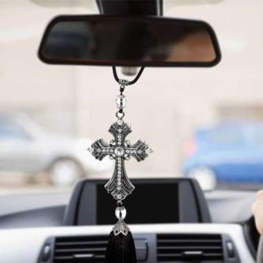 Car Crystal Cross Pendant Gantungan Pajangan Salib Spion Tengah Mobil Silver