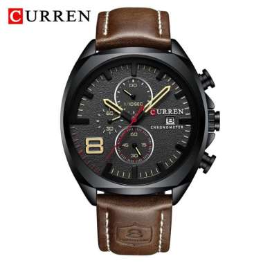 CURREN 8324 Jam Tangan Pria Analog Tali Kulit Chronograph Aktif Brown Hitam