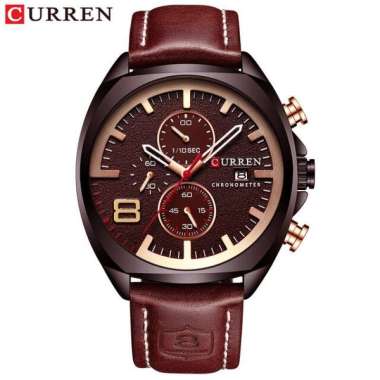 CURREN 8324 Jam Tangan Pria Analog Tali Kulit Chronograph Aktif Red Brown