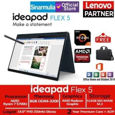 Lenovo Flex 5 Ryzen 7 5700U 512GB SSD 8GB Touch Win10+OHS - Abyss Blue Platinum Grey