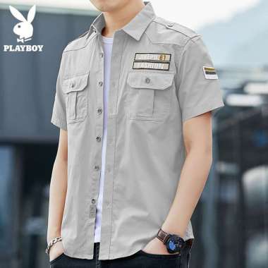 Kemeja Lengan Pendek Pria Hem Casual Cowok Baju Pria Distro Abu-abu Free Size