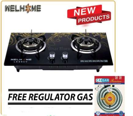 Welhome Kompor Gas Kaca Kompor Tanam 2 Tungku Free Selang SNI