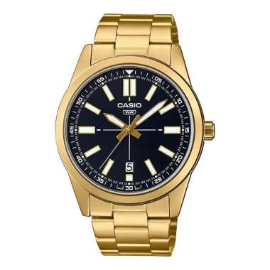Jam Tangan Pria Casio General MTP-VD02G-1EUDF Dress Men Black Dial Gold Stainless Steel Band Gold