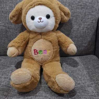Boneka beruang bear, beruang coklat pake topi bulu beruang 40cm