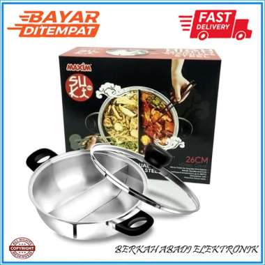 Maxim Panci Hotpot Stainless + Tutup Kaca 2 Sekat 26cm | Suki Pan Stenlis Induksi | Shabu Steamboat