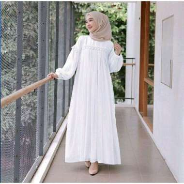 Gamis cantik elegan kekinian dress wanita maxy gamis renda wanita Putih