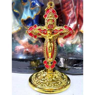 Salib Duduk Putar Ukir Merah Gold (5490) - Salib Duduk - Salib Meja