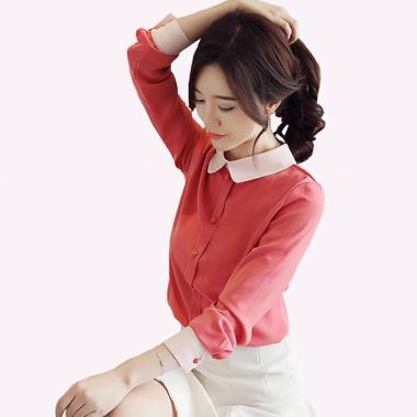 Jfashion Kimchi Gaya Korea Variasi Kerah dan Kancing Tempel Blus Lengan Panjang Wanita L Salem tua