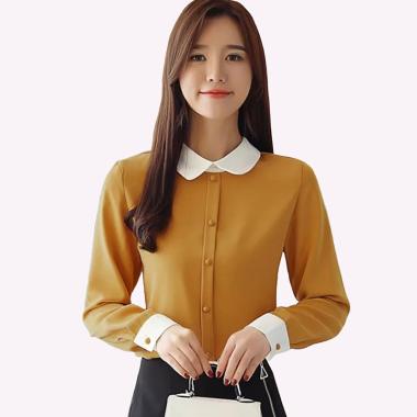 Jfashion Kimchi Gaya Korea Variasi Kerah dan Kancing Tempel Blus Lengan Panjang Wanita M Kuning Kubu