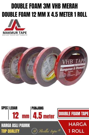 DOUBLE FOAM TAPE / DOUBLE TAPE 3M VHB 12MM X 4,5 METER ORIGINAL MERAH