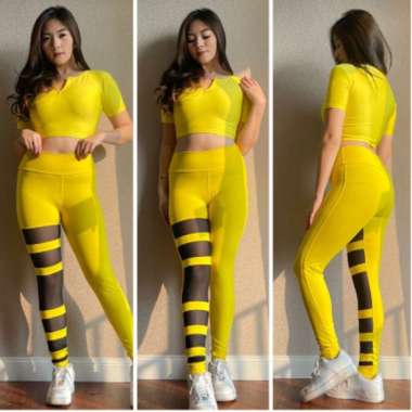 Setelan senam olahraga Crop resleting-Legging ULR Kuning