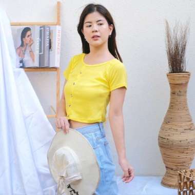 Kaos Wanita Korea Itako Button Kaos Button Wanita Baju Wanita Kuning