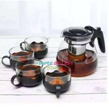 TEAPOT SET KACA DENGAN SARINGAN/ TEKO SARINGAN TEA TEMPAT MINUM 5in1