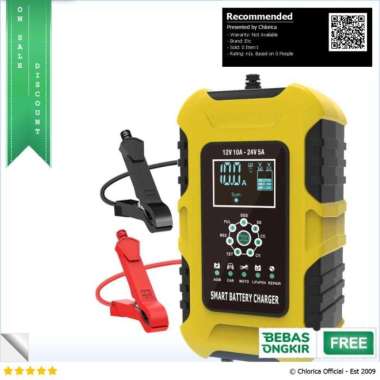 Foxsur Charger Aki Mobil Motor Lcd 12V/24A 10A 6-180Ah - Fbc122410D Kuning